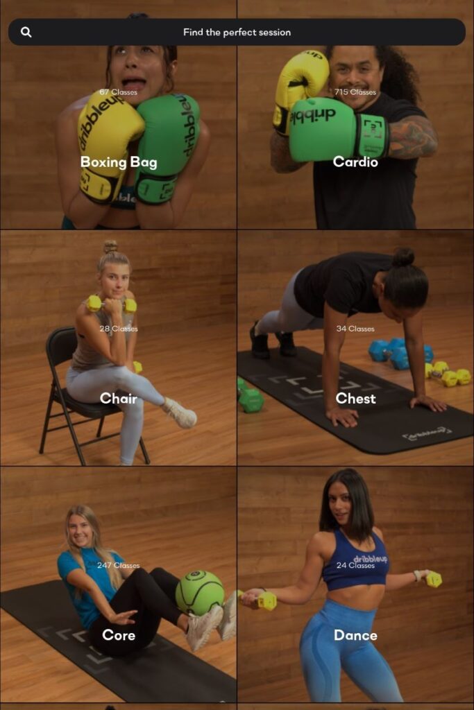 Dribbleup session categories for workouts at home