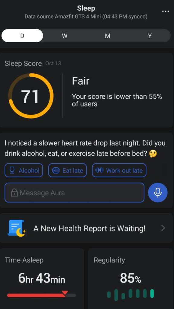 Amazfit fitness watch sleep summary in Zepp app