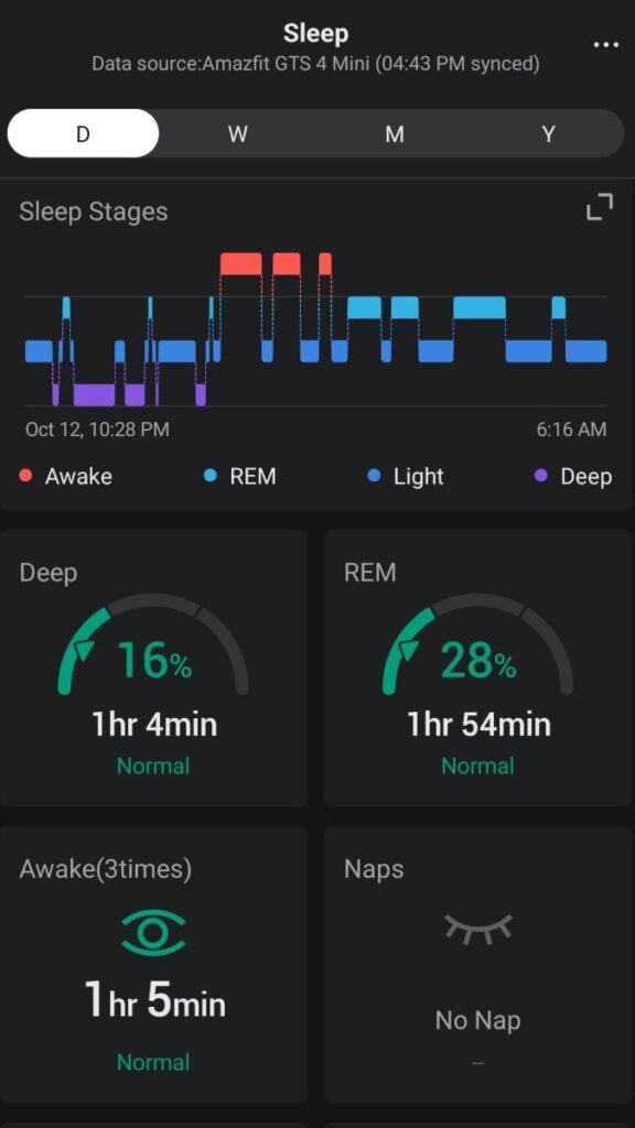 Amazfit fitness watch sleep details in the Zepp app