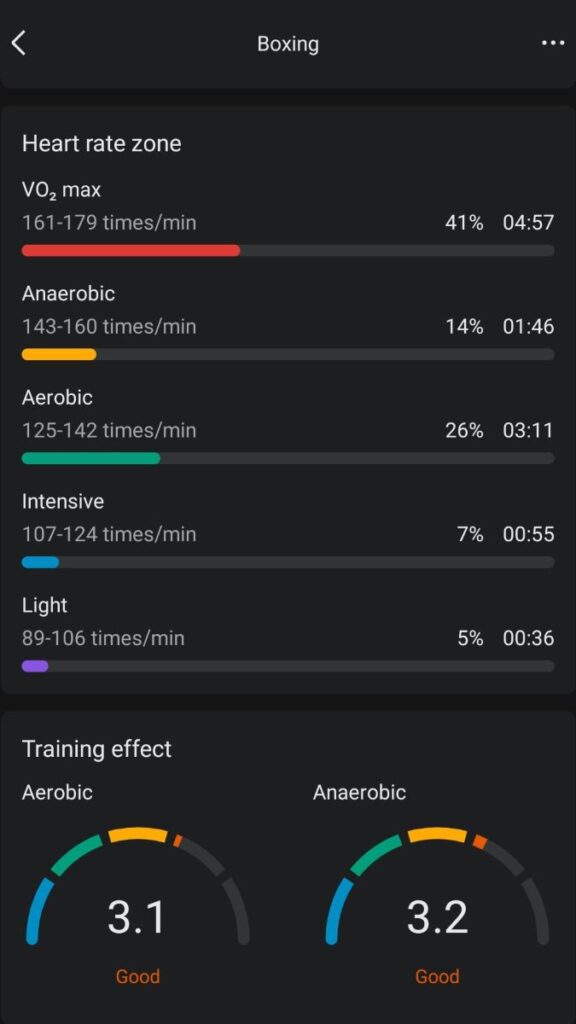 Boxing workout details in the Zepp app for the Amazfit fitness watch