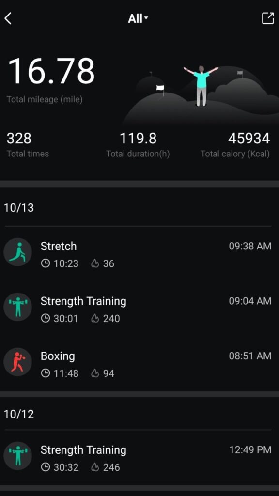 Summary of all Amazfit fitness watch workouts in the Zepp app