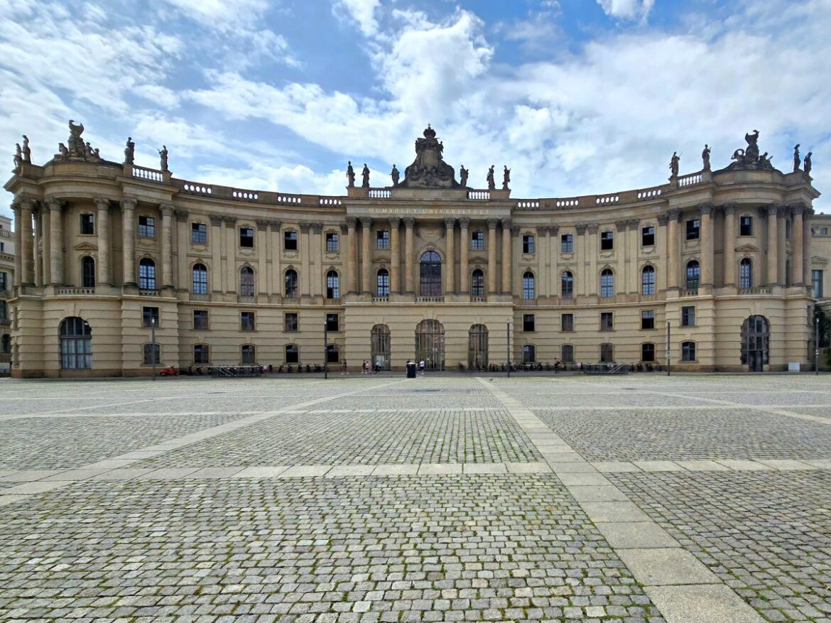 Bebelplatz in Berlin, Germany, includes the opera & university buildings and a public square with a memorial to the Nazi book burning.