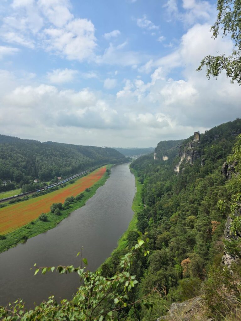 View of the Elbe River from a lookout at the Bastei Bridge in Lohmen, Germany